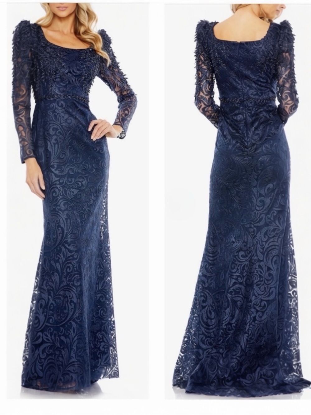 MAC DUGGAL Embroidered Lace Appliqué Beaded Long Sleeve Trumpet Gown Maxi size 6